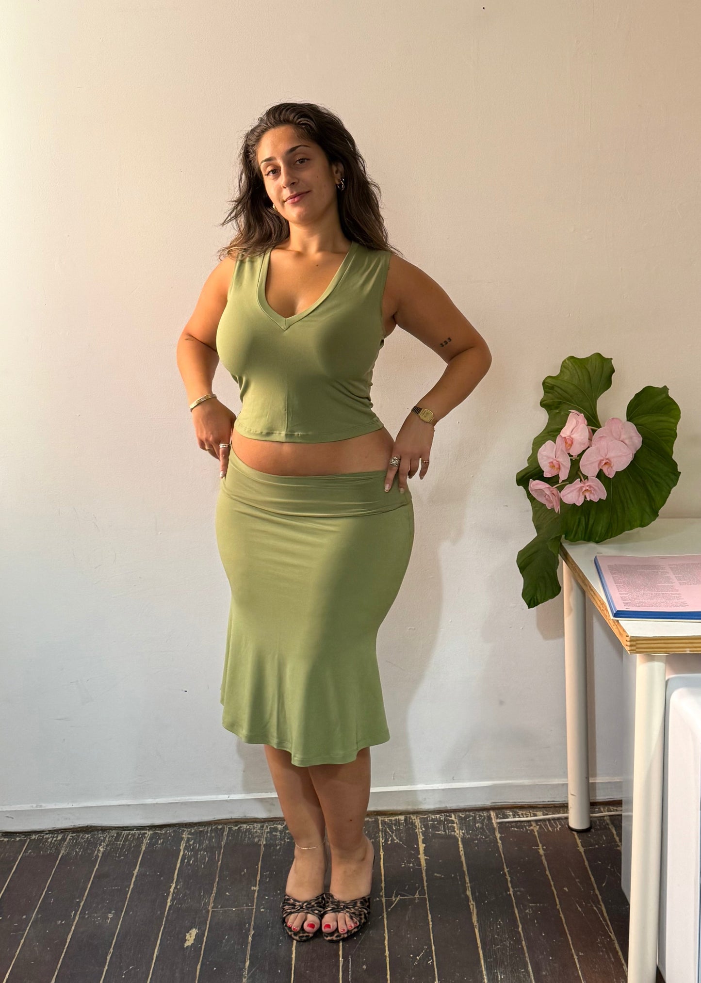 Fold over midi skirt - Matcha